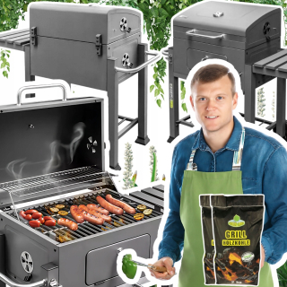Záhradný gril s krytom, príručný stolík, liatinový pevný rošt + 4 kg uhlia
